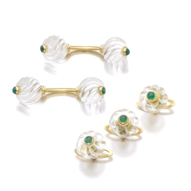 View full screen - View 1 of Lot 53. BOUCHERON | ROCK CRYSTAL AND EMERALD GENTLEMAN'S DRESS SET.