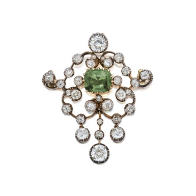 View full screen - View 1 of Lot 407. Silver-Topped Gold, Alexandrite and Diamond Brooch.
