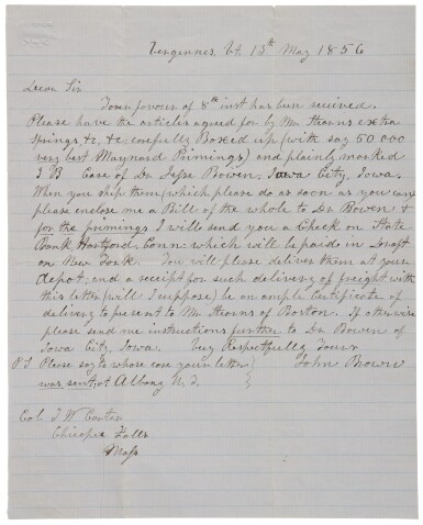 View full screen - View 1 of Lot 2177. Brown, John. Autograph letter signed to Col. J. W. Coulter, 13 May 1856, about armaments.