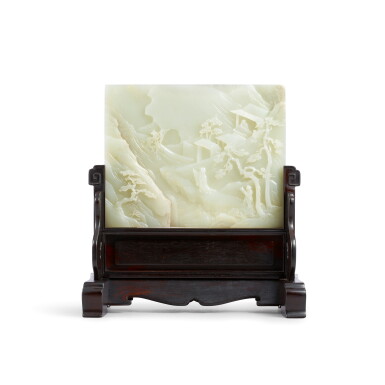 View full screen - View 1 of Lot 3652. A carved celadon jade 'figural' table screen Qing dynasty, Qianlong period | 清乾隆 青白玉携琴訪友圖硯屏.