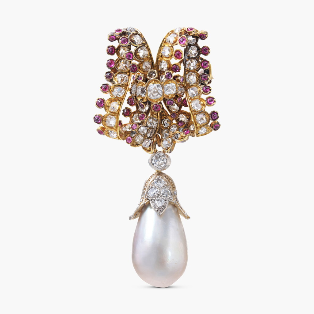 View full screen - View 1 of Lot 768. Natural Pearl, Ruby and Diamond Brooch.