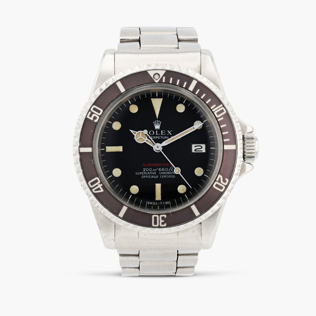 View full screen - View 1 of Lot 379. Submariner 'Red meters first', reference 1680, stainless steel wristwatch with date and bracelet, circa 1969.