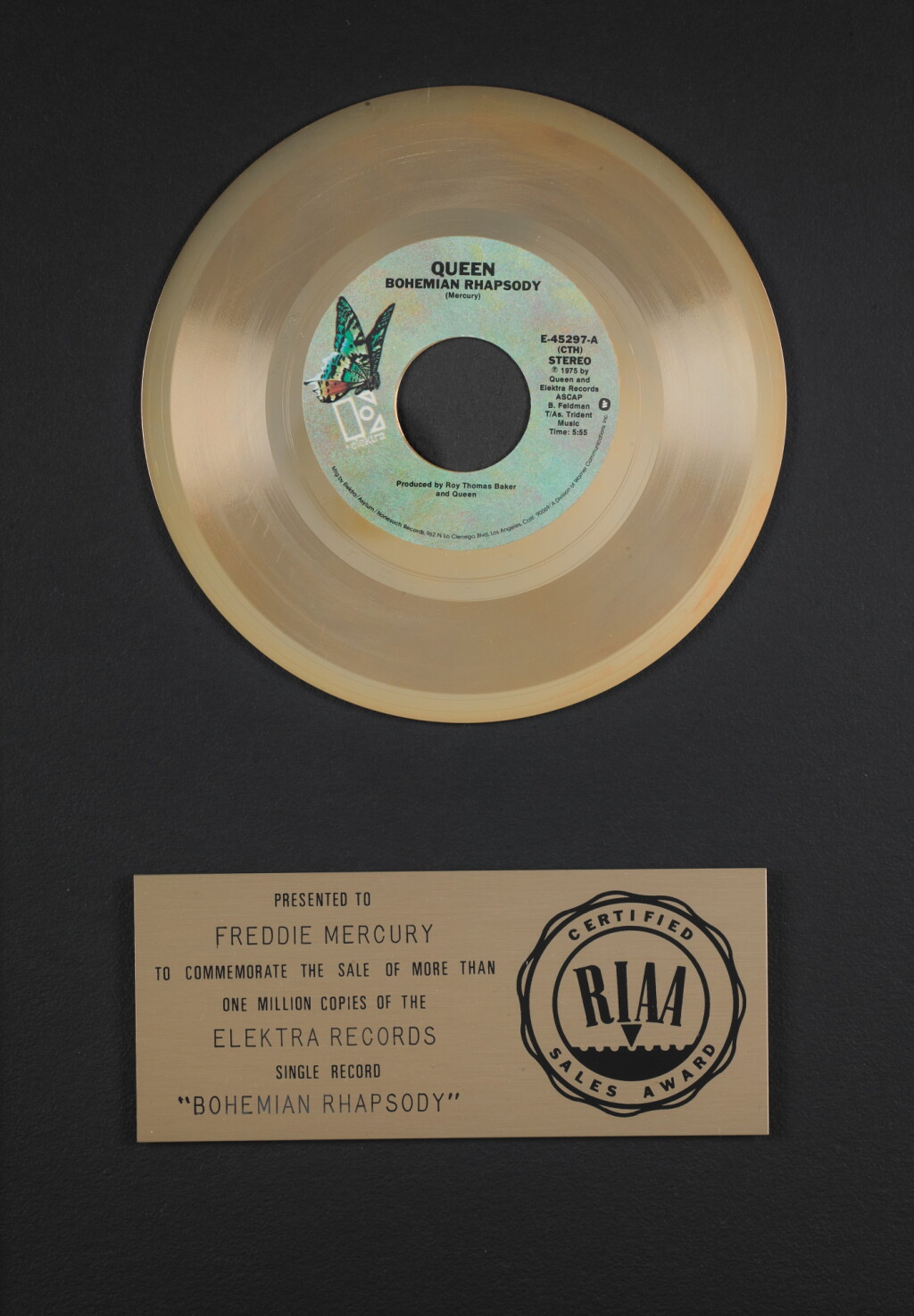 View full screen - View 1 of Lot 154. Queen – Freddie Mercury’s RIAA sales award for ‘Bohemian Rhapsody’, 1975.