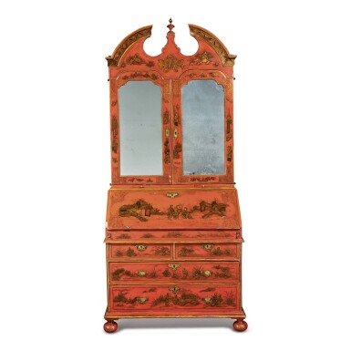 View full screen - View 1 of Lot 233. A GEORGE I STYLE PARCEL-GILT AND RED JAPANNED BUREAU CABINET, LATE 19TH CENTURY.
