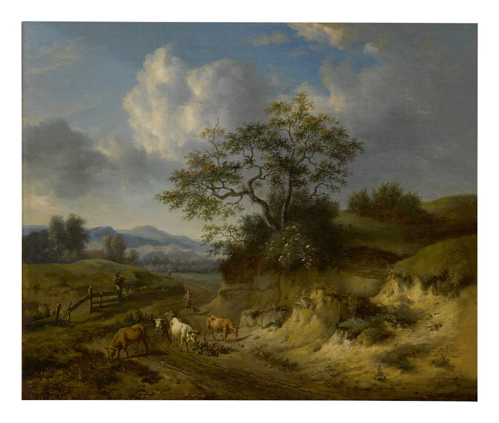 View full screen - View 1 of Lot 274. AFTER JAN WIJNANTS, 18TH CENTURY | A WOODED LANDSCAPE WITH A COWHERD ON A PATHWAY, WITH DUNES IN THE FOREGROUND AND A PASTURE AND MOUNTAINS BEYOND.