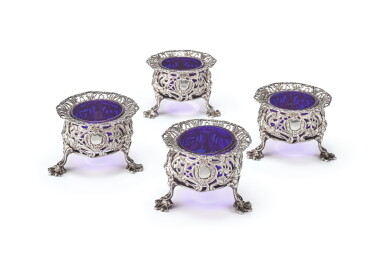View full screen - View 1 of Lot 262. A SET OF FOUR GEORGE II SILVER CHINOISERIE SALTS, THOMAS HEMING, LONDON, 1754.
