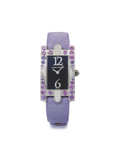 View full screen - View 1 of Lot 129. HARRY WINSTON | AVENUE, A WHITE GOLD, DIAMOND, AND AMETHYST SET RECTANGULAR WRISTWATCH CIRCA 1995.
