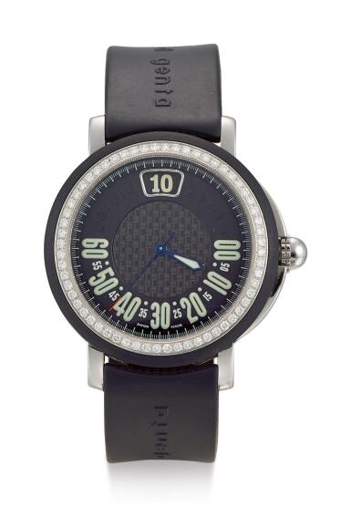 View full screen - View 1 of Lot 8015. GÉRALD GENTA | RETRO SPORT, REFERENCE G.3694, A STAINLESS STEEL, RUBBER AND DIAMOND-SET WRISTWATCH WITH JUMPING HOUR AND RETROGRADE MINUTE, CIRCA 2005.