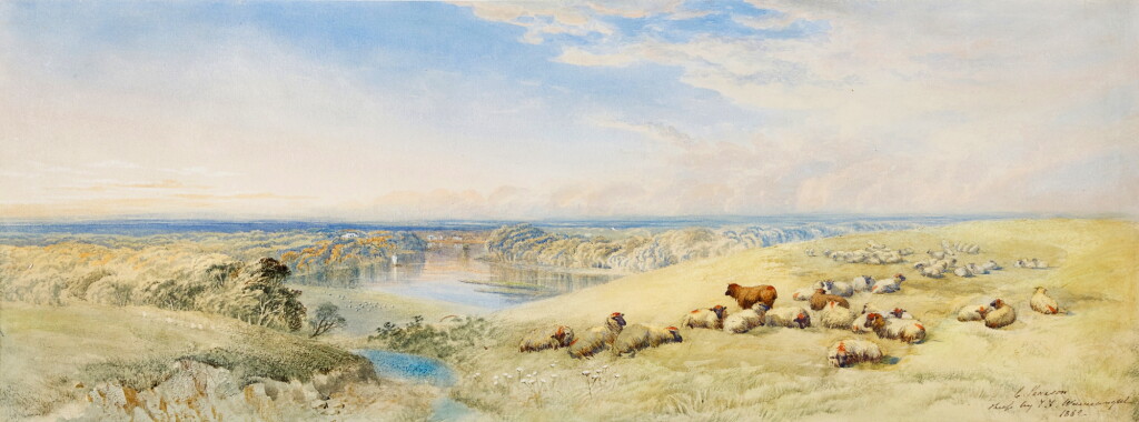 View full screen - View 1 of Lot 178. Sheep resting on a hillside, a river beyond.