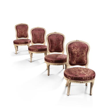 View full screen - View 1 of Lot 752. A set of four late Louis XV grey-lacquered chairs ‘en cabriolet’, circa 1770, stamped by Jean-Nicolas I. Blanchard.