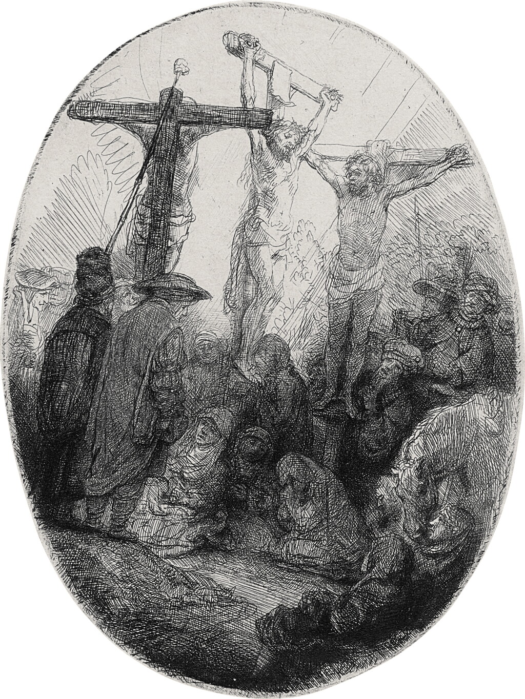 View full screen - View 1 of Lot 528. Christ crucified between the two Thieves: an Oval Plate (B., Holl. 79; New Holl. 196).