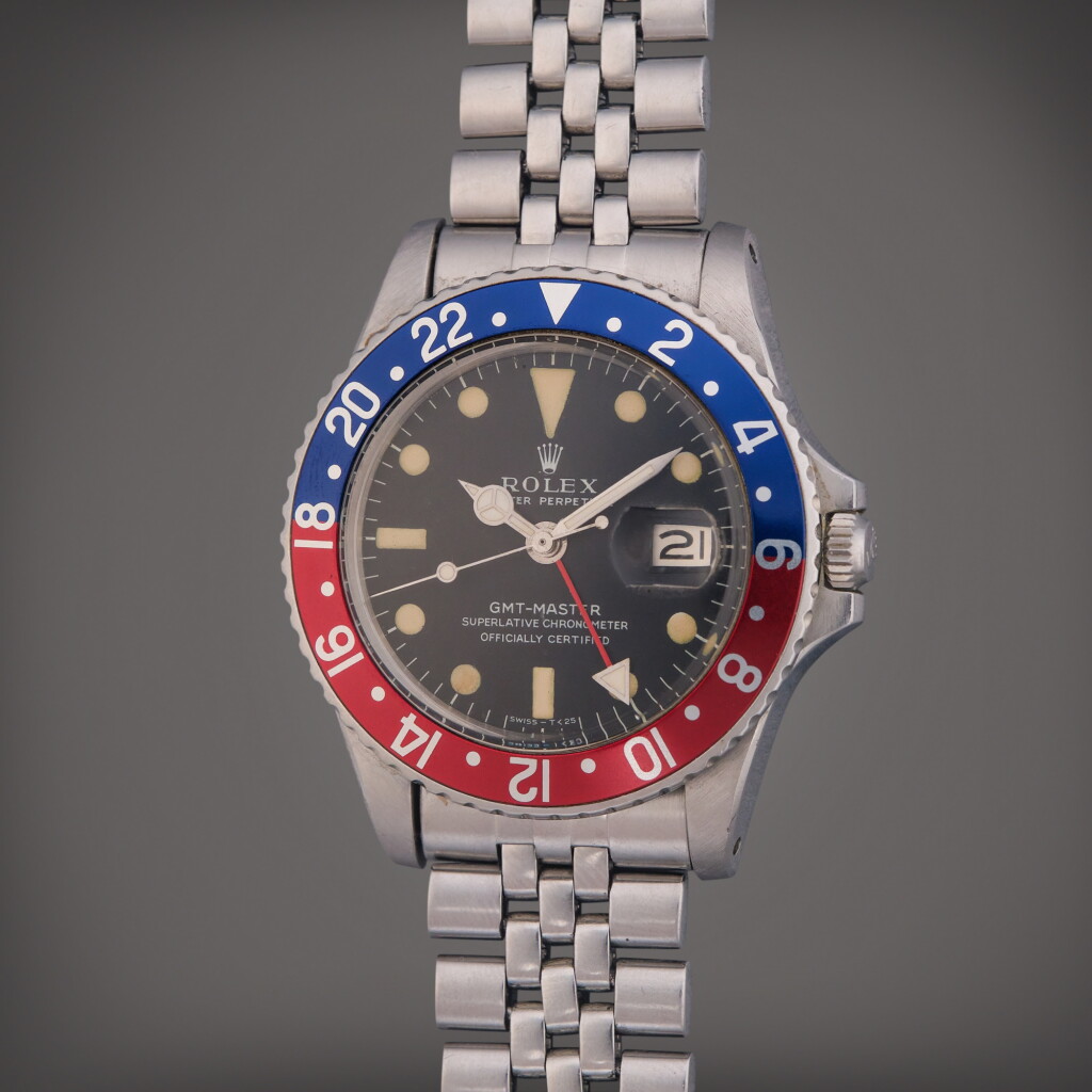 View full screen - View 1 of Lot 304. Reference 1675 GMT-Master ‘Pepsi’ | A stainless steel automatic dual time wristwatch with date and bracelet, Circa 1968.