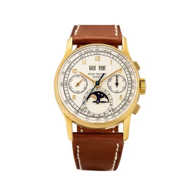 View full screen - View 1 of Lot 2263. Patek Philippe | Reference 1518, A highly exceptional yellow gold perpetual calendar chronograph wristwatch with moon phases and original box, Circa 1951 | 百達翡麗 | 型號1518 非常精美黃金萬年曆計時腕錶,備月相顯示,附帶原裝盒子,約1951年製.