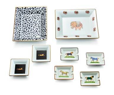 View full screen - View 1 of Lot 9111. PORCELAIN PLATE, CHOPARD; THREE PORCELAIN PLATES, CARTIER; AND FOUR PORCELAIN CIGARETTE ASHTRAYS, HERMÈS | 瓷碟, 蕭邦 (Chopard); 瓷碟三隻, 卡地亞(Cartier); 及 瓷煙灰缸四隻, 愛馬仕 ( Hermès ).