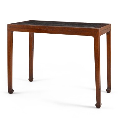 View full screen - View 1 of Lot 554. A burlwood-inlaid huanghuali table, Qing dynasty, 18th century 清十八世紀 黃花梨嵌癭木面馬蹄足桌.