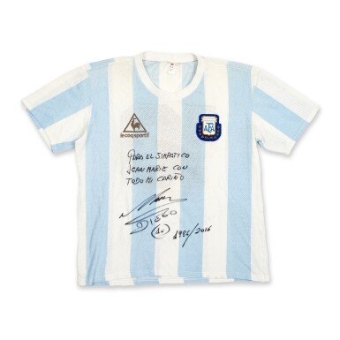 View full screen - View 1 of Lot 3. Diego Maradona 1986 FIFA World Cup Semifinal Match Worn and Signed Argentina Shirt | 2 Goals.
