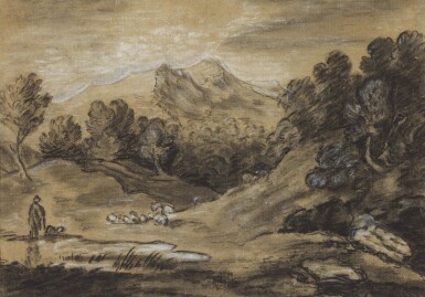 View full screen - View 1 of Lot 605. FOLLOWER OF THOMAS GAINSBOROUGH, R.A. | Shepherd with his flock in a mountainous landscape.