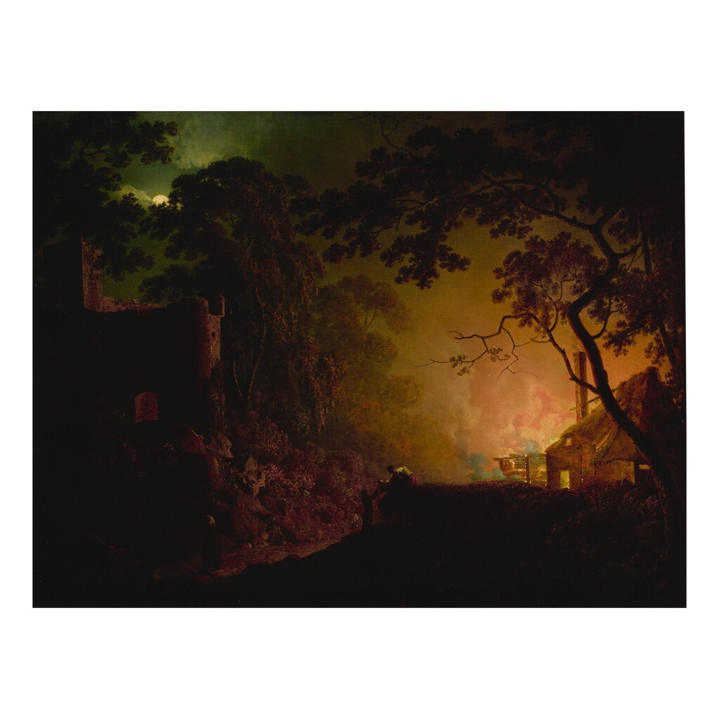 View full screen - View 1 of Lot 41. A cottage on fire at night.