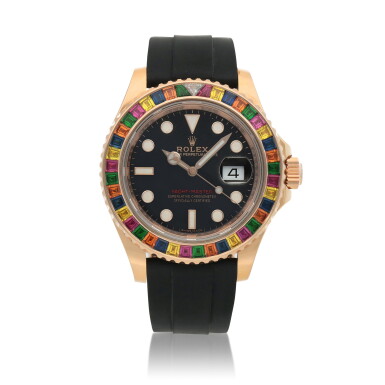 View full screen - View 1 of Lot 24. ‘Tutti Frutti’ Yacht-Master, Ref. 116695SATS Pink gold, diamond, tsavorite and sapphire-set wristwatch with date and Oysterflex bracelet Circa 2018 | 勞力士 | 116695SATS 型號「'Tutti Frutti' Yacht-Master」粉紅金鑲鑽石、沙弗來石及彩色剛玉鍊帶腕錶備日期顯示,年份約2018.