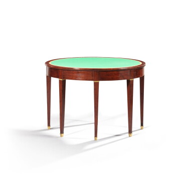 View full screen - View 1 of Lot 93. A French Empire mahogany demi-lune games table, early 19th century | Table de jeux en demi-lune deployante en acajou d'époque Empire, début du XIXeme siècle.