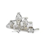 A THREE-PIECE DANISH SILVER BLOSSOM PATTERN COFFEE SET WITH TRAY, NO. 2, DESIGNED BY GEORG JENSEN, GEORG JENSEN SILVERSMITHY, COPENHAGEN, 20TH CENTURY