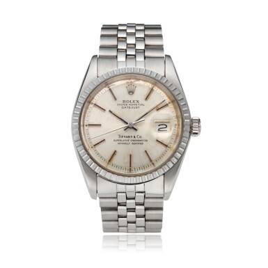 View full screen - View 1 of Lot 31. Reference 1603 Datejust, Retailed by Tiffany & Co.: A stainless steel automatic wristwatch with date and bracelet, Circa 1974 勞力士 1603型號 Datejust 精鋼自動上鏈鍊帶腕錶備日期顯示,約1974年製,零售商為蒂芙尼.