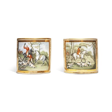 View full screen - View 1 of Lot 374. An Early Pair of Large Grainger & Co. Worcester Fox Hunting Subject Porter Mugs, Circa 1810.