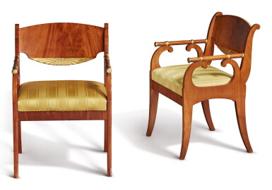 View full screen - View 1 of Lot 143. A PAIR OF RUSSIAN NEOCLASSICAL STYLE MAHOGANY AND PARCEL-GILT ARMCHAIRS, LATE 19TH/EARLY 20TH CENTURY.
