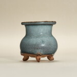 An inscribed Junyao blue-glazed tripod incense burner, Jin - Yuan dynasty | 金至元 鈞窰藍釉三足爐