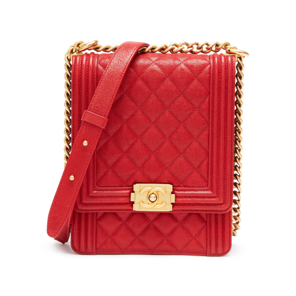 View full screen - View 1 of Lot 8559. Red North/South Boy Bag in Quilted Caviar Leather with Gold Hardware, 2019.