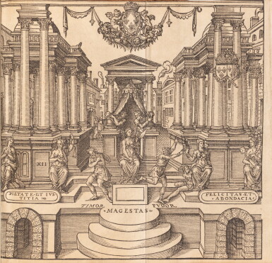 View full screen - View 1 of Lot 5. Bref et sommaire recueil... Paris, 1572. In-4. Rel. du XVIIIe. Ed. originale ill. de 16 bois..