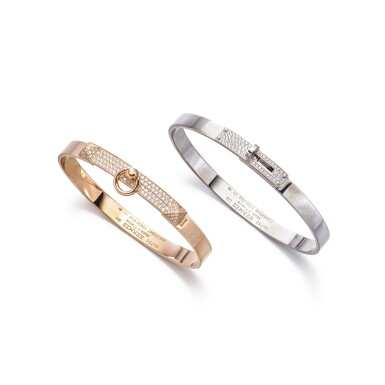 View full screen - View 1 of Lot 6217. Set of Two 18K White Gold and Diamond Kelly Bracelet and 18K Rose Gold and Diamond Collier de Chien Bracelet.