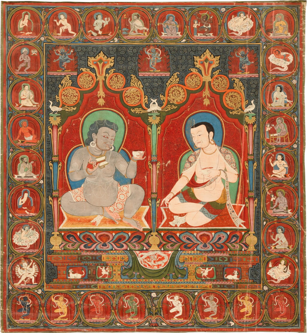 View full screen - View 1 of Lot 31. An important thangka depicting Mahasiddha Damarupa and Avadhutipa, Tibet, Sakya school, circa 1420 | 薩迦派 約1420年 藏傳大成就者札瑪如巴及阿瓦度帝巴唐卡 設色布本.