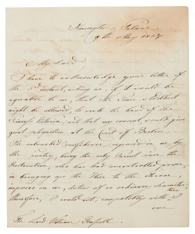 View full screen - View 1 of Lot 149. Victoria, Duchess of Kent | Autograph letter signed, on the marriage of her daughter Victoria to Prince Albert, 1837.