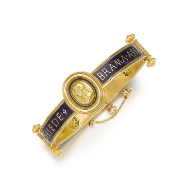 View full screen - View 1 of Lot 67. Renaissance Revival enamel and gold bangle, circa 1870.