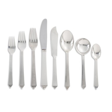 View full screen - View 1 of Lot 257. A Danish Silver Pyramid Pattern Flatware Service, Georg Jensen Silversmithy, Copenhagen, 1945-1977.