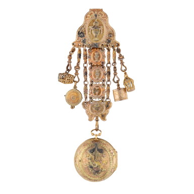 View full screen - View 1 of Lot 81. No. 6451 A vari-colour gold single cased verge watch with a gilt-metal cast chatelaine Circa 1780.