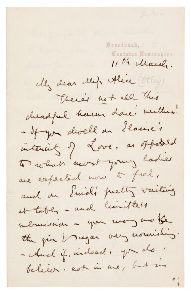 View full screen - View 1 of Lot 133. John Ruskin | Autograph letter signed, to Alice Ottley, on girls' education, 11 March n.y..