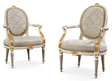 View full screen - View 1 of Lot 187. A PAIR OF GEORGE III PARCEL-GILT PAINTED OPEN ARMCHAIRS, LATE 18TH CENTURY.