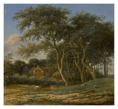 View full screen - View 1 of Lot 273. FOLLOWER OF PAULUS PIETERSZ. POTTER, 18TH CENTURY | WOODED LANDSCAPE WITH A CARRIAGE, FIGURES, AND SHEEP IN A FIELD.