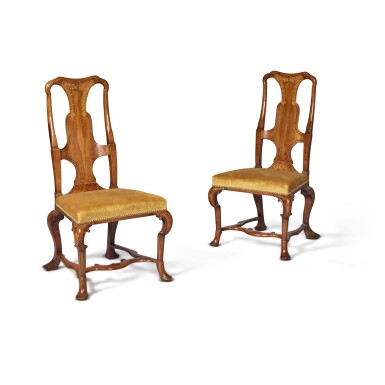 View full screen - View 1 of Lot 6. A Pair of Irish George I Walnut and Marquetry Side Chairs, Circa 1715.