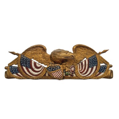 View full screen - View 1 of Lot 239. Exceptional Carved and Gilt Polychrome-Paint-Decorated Pine Spread-Winged Eagle Wall Plaque, Attributed to W.H. Beal, Dated 1888.