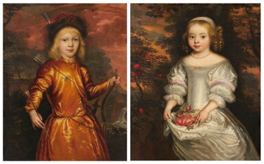 View full screen - View 1 of Lot 1065. Portrait of a boy holding a bow and arrow; Portrait of a girl collecting roses.