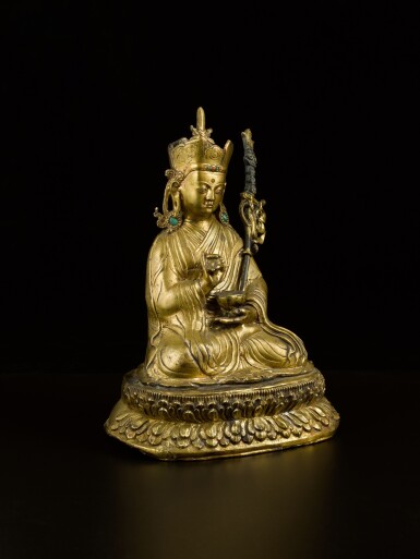 View full screen - View 1 of Lot 54. A copper-alloy figure of Padmasambhava Tibet/Bhutan, ca. 18th-19th century | 西藏/不丹 約十八至十九世紀 銅合金蓮花生坐像.