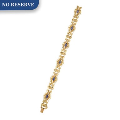 View full screen - View 1 of Lot 51. GOLD, SAPPHIRE, DIAMOND AND ENAMEL BRACELET.