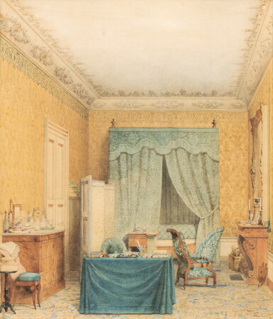 View full screen - View 1 of Lot 261. FRENCH SCHOOL, FIRST QUARTER OF 19TH CENTURY, Bedroom with alcove | ECOLE FRANÇAISE, PREMIER QUART DU XIXE SIÈCLE, Chambre avec alcôve.