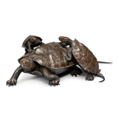 View full screen - View 1 of Lot 665. A Bronze 'Turtles' Group, signed Jomi, Meiji Period, Late 19th Century | 銅製置物 亀親子 紹美、明治時代、19世紀後期 | 日本 明治 十九世紀末 銅龜置物.