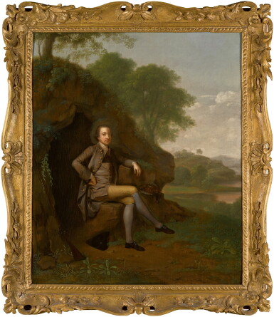 View full screen - View 1 of Lot 58. Portrait of a gentleman, possibly the Reverend William of Digby, of Landenstown, Country Kildare, full-length, seated beneath a tree, a gun and pheasant by his side .