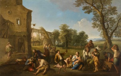 View full screen - View 1 of Lot 171. Italianate landscape with peasants drinking and merrymaking by an inn.
