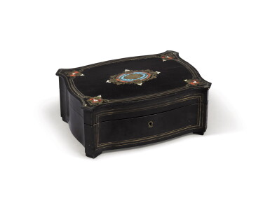 View full screen - View 1 of Lot 208. An ebony, tinted horn, ivory, brass and tortoiseshell marquetry sewing and music box, Napoleon III.